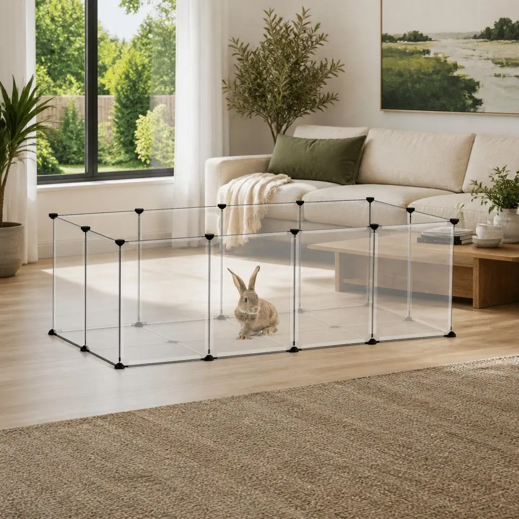 Small Animal Cage Enclosure Play Pen 144 x 74 x 46.5 cm Transparent PP Plastic Steel Frame