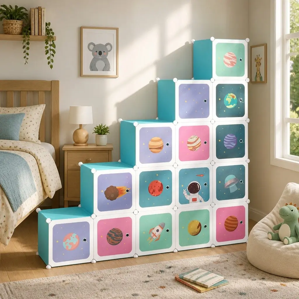 Kids Cube Storage Cabinet Organiser 15 Cubes Blue