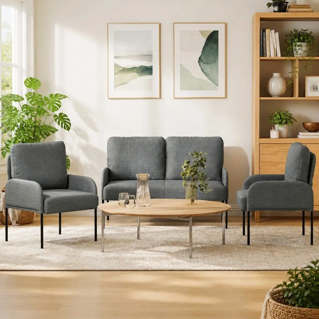 3-Piece Sofa Set Grey Indoor Living Room Furniture Cushion Couch