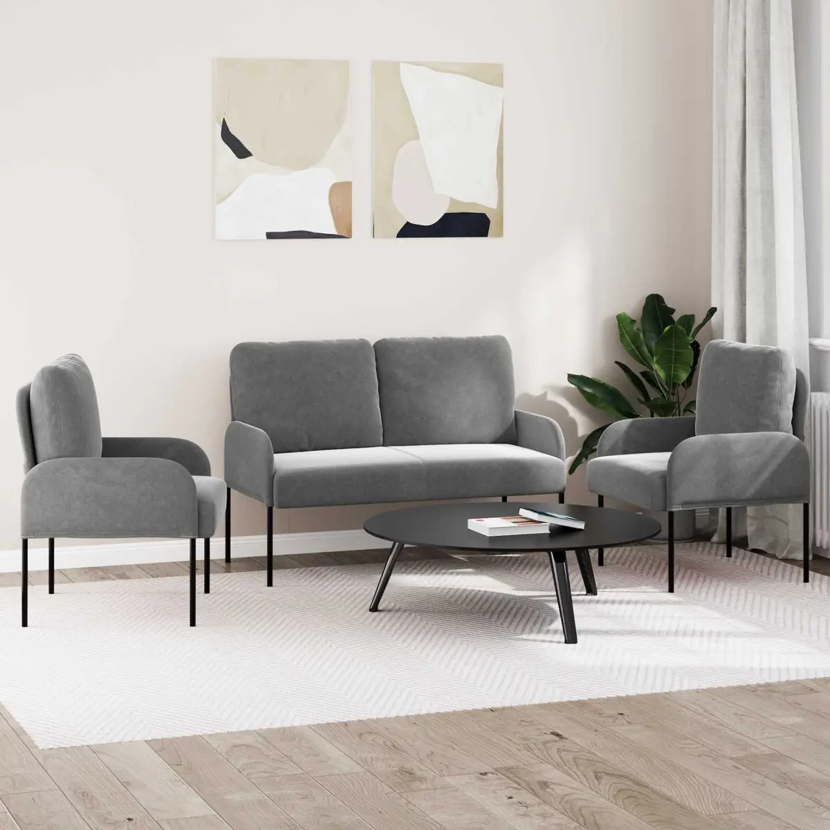 3 Piece Sofa Set Modern Living Room Furniture Grey Polyester