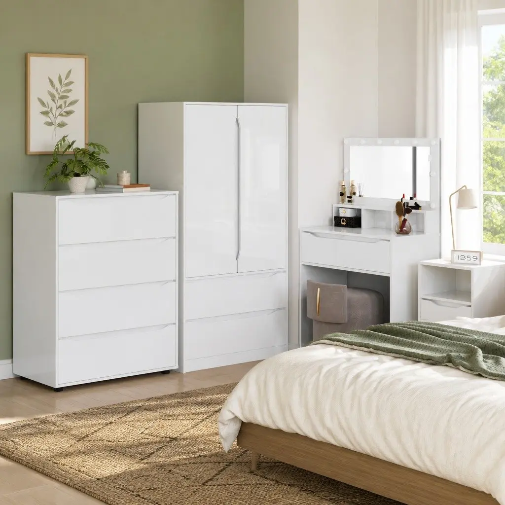 Storage Cabinet High Gloss White Engineered Wood Drawer Organiser Bedroom