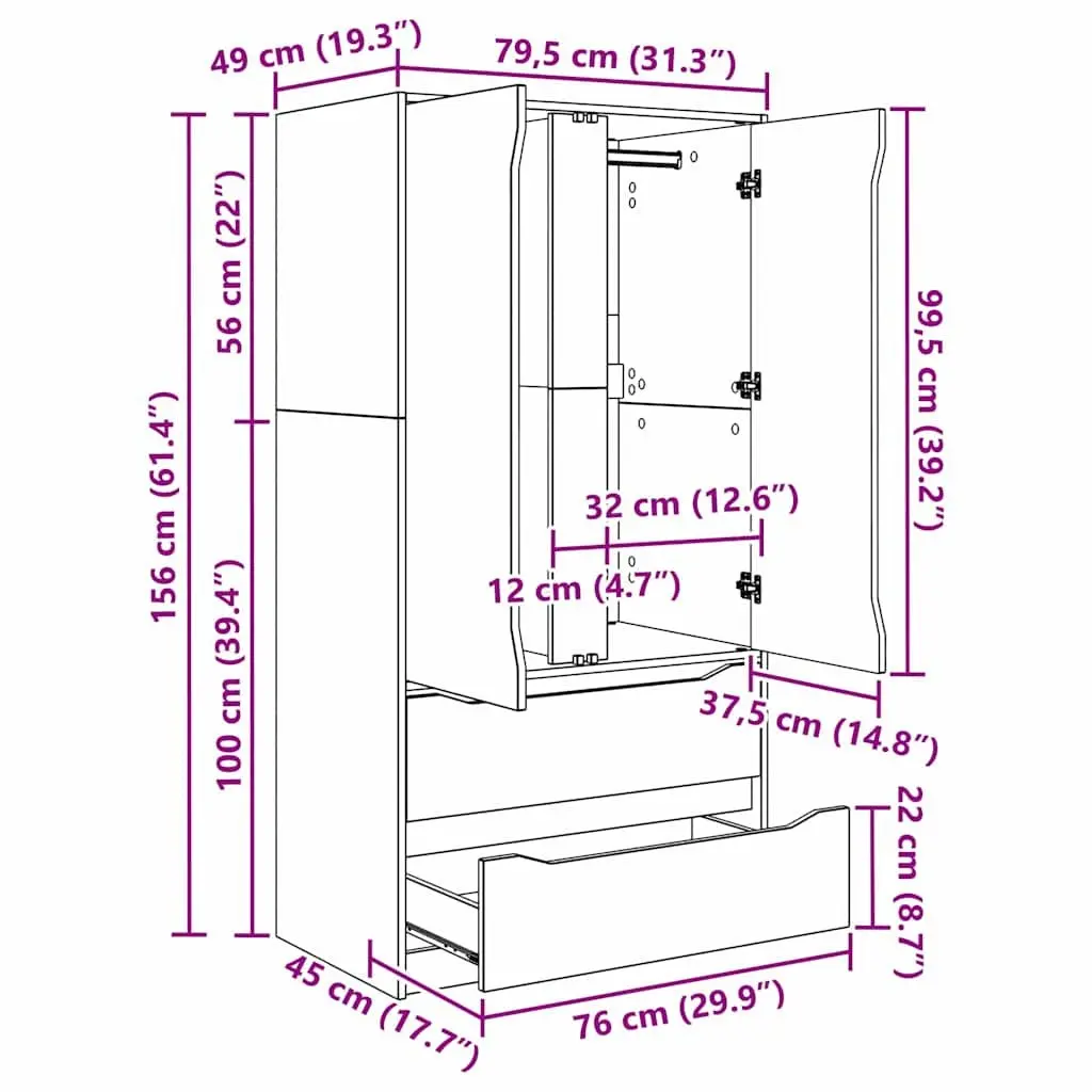 Wardrobe Storage Cupboard 79.5 x 49 x 156 cm High Gloss White