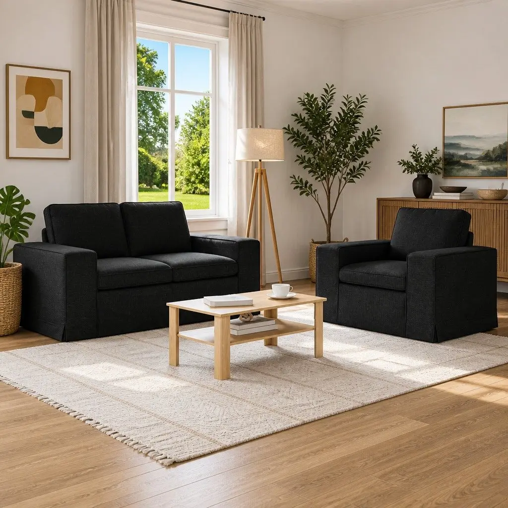 Modular Sofa Set Black Fabric 2 Piece Sectional Couch for Living Room