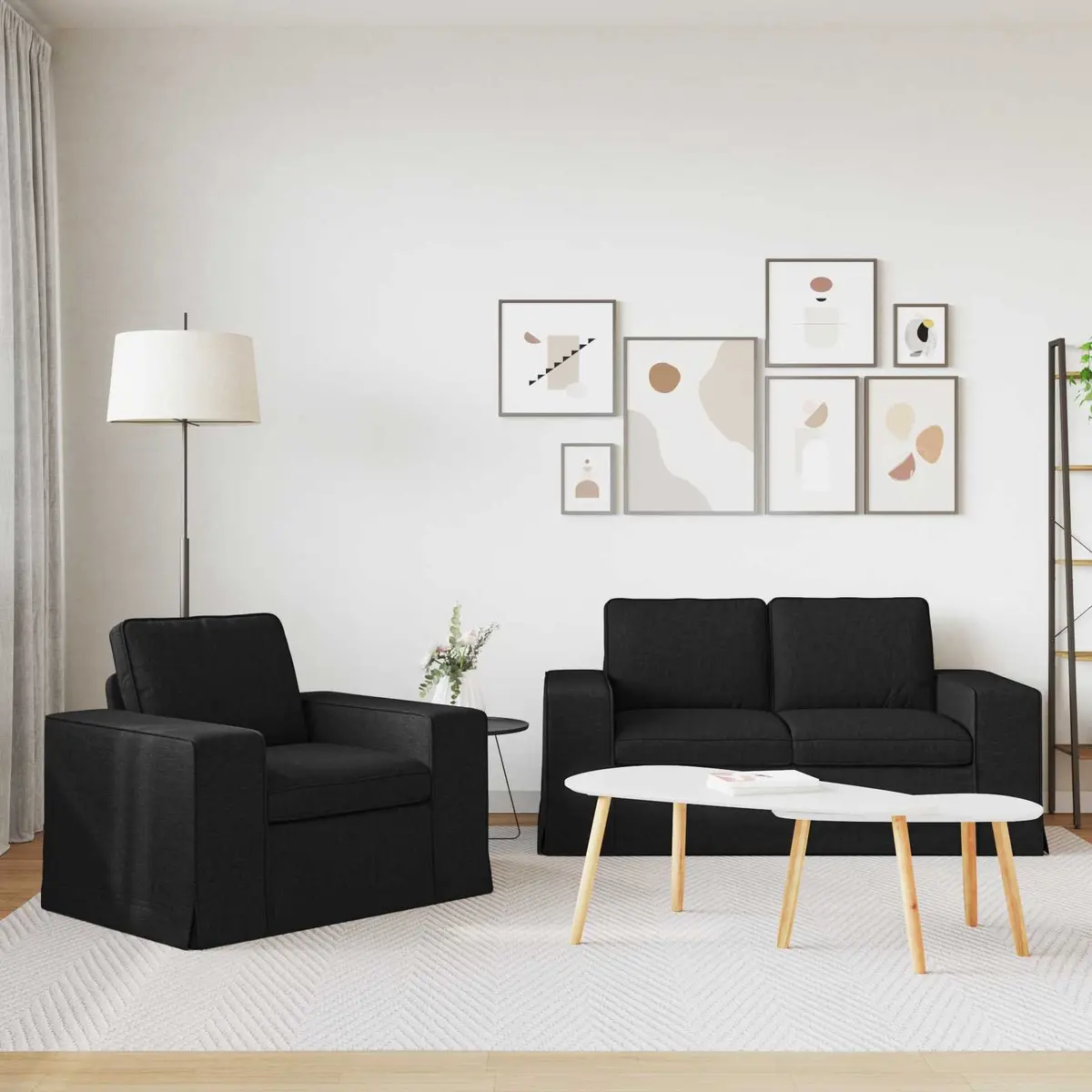Modular Sofa Set Black Fabric 2 Piece Sectional Couch for Living Room