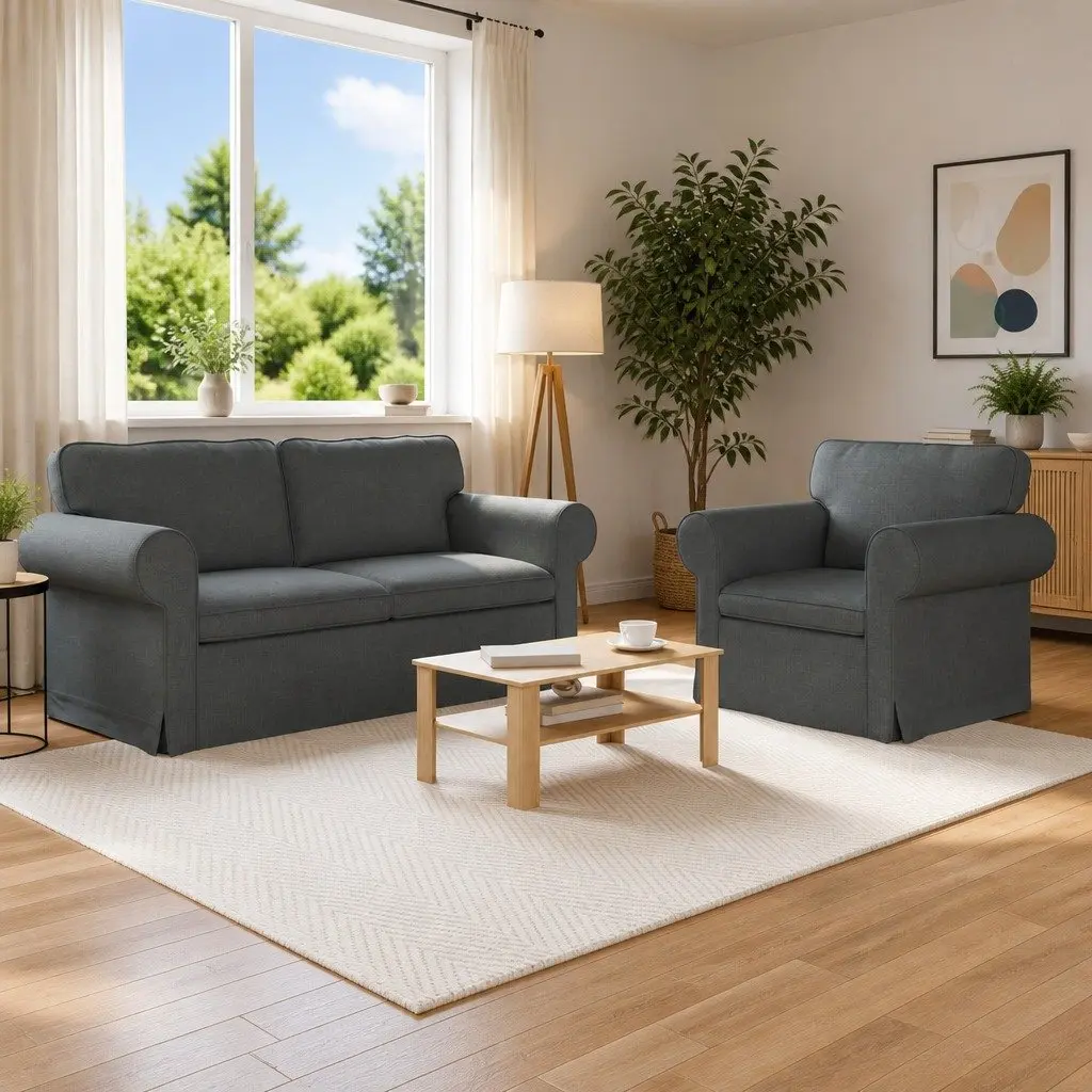 2-Piece Sofa Set Grey Fabric Modular Living Room Furniture Contemporary Design