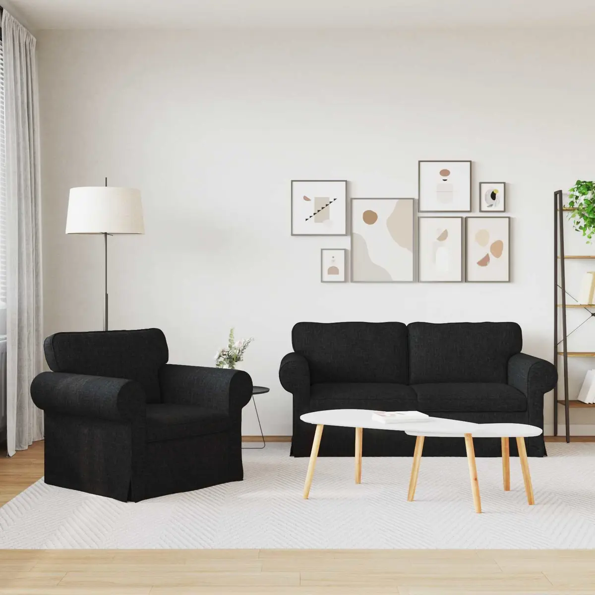 2-Piece Modular Sofa Set Black Fabric Living Room Furniture Contemporary Design