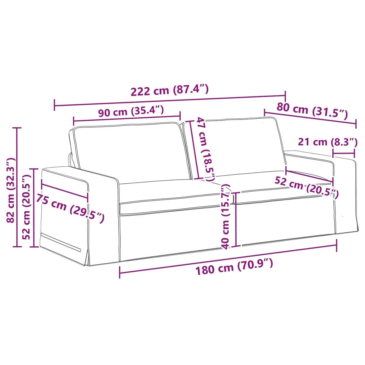 Sofa Set Modular Sectional Lounge Couch 222cm Black