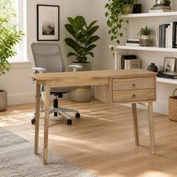 Solid Wood Desk with 2 Drawers Brown Office Writing Table Home Furniture