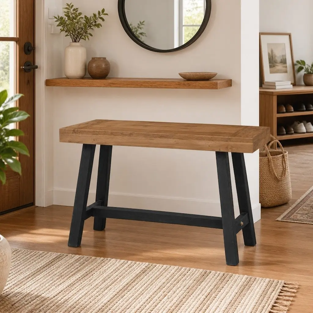 Solid Teak Wood Bench 110cm Kitchen Dining Room Hallway Furniture Brown Black