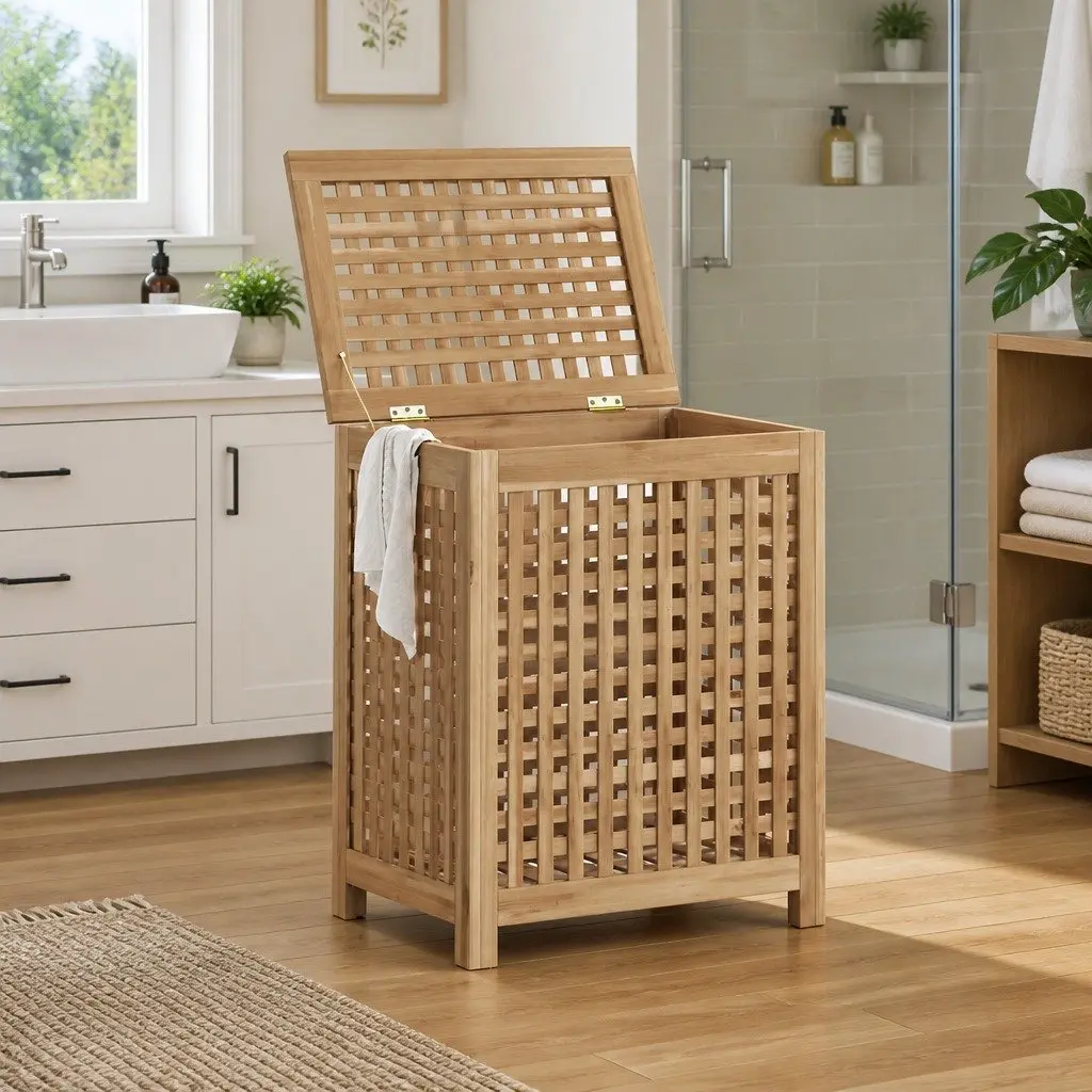 Laundry Basket Storage 50x35x60 cm Solid Teak Wood Brown