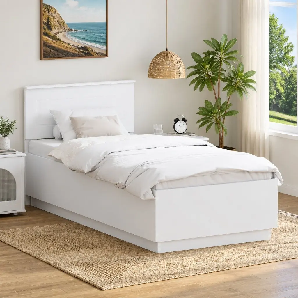 Bed Frame with Headboard Adjustable 90 x 190 cm White Engineered Wood LED Lights USB