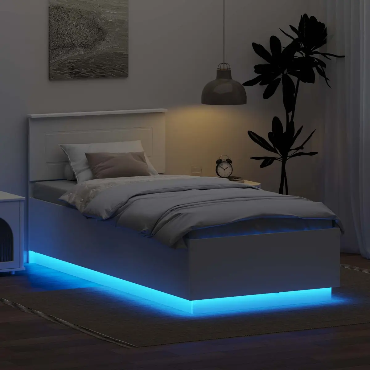 Bed Frame with Headboard Adjustable 90 x 190 cm White Engineered Wood LED Lights USB