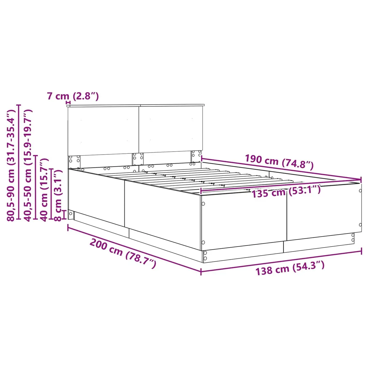 Bed Frame Wall-Mounted Headboard 135 x 190 cm White Modern Bedroom