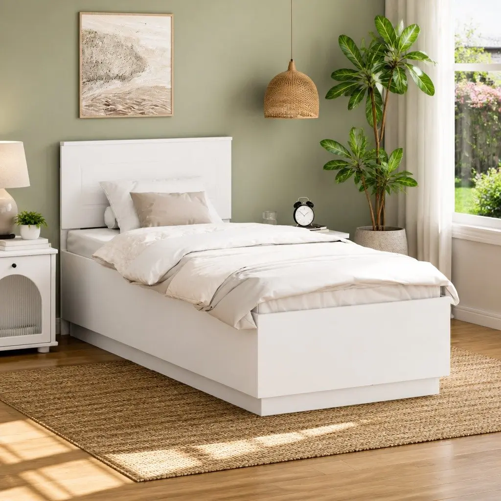 White Bed Frame with Wall-Mounted Headboard