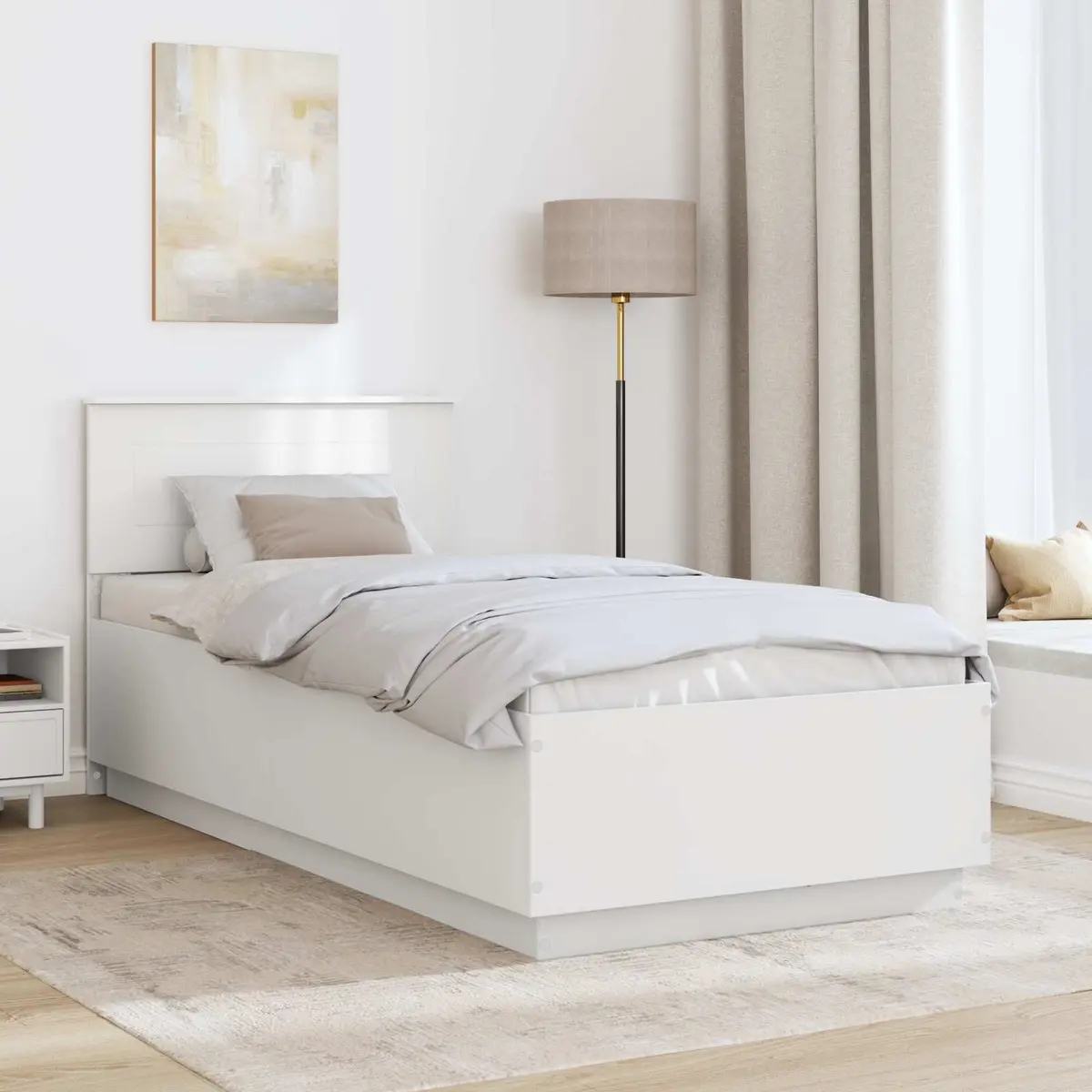 White Bed Frame with Wall-Mounted Headboard