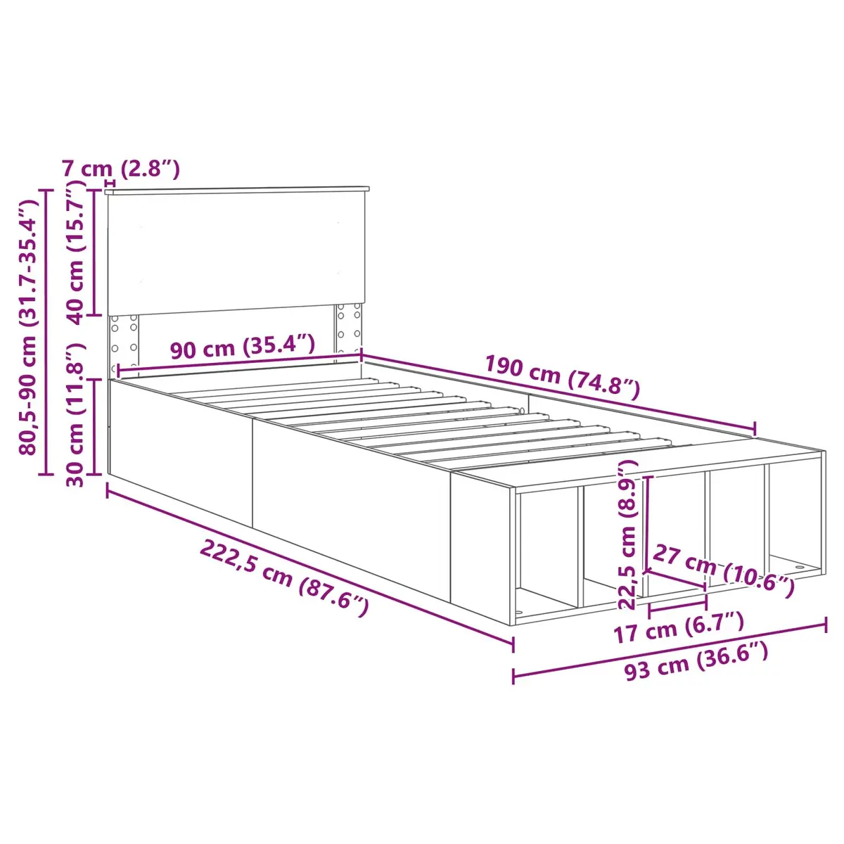 Bed Frame with Shelf White 90 x 190 cm Storage Headboard Adjustable Footboard