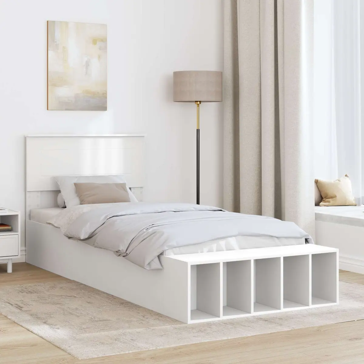 Bed Frame with Shelf White 90 x 190 cm Storage Headboard Adjustable Footboard
