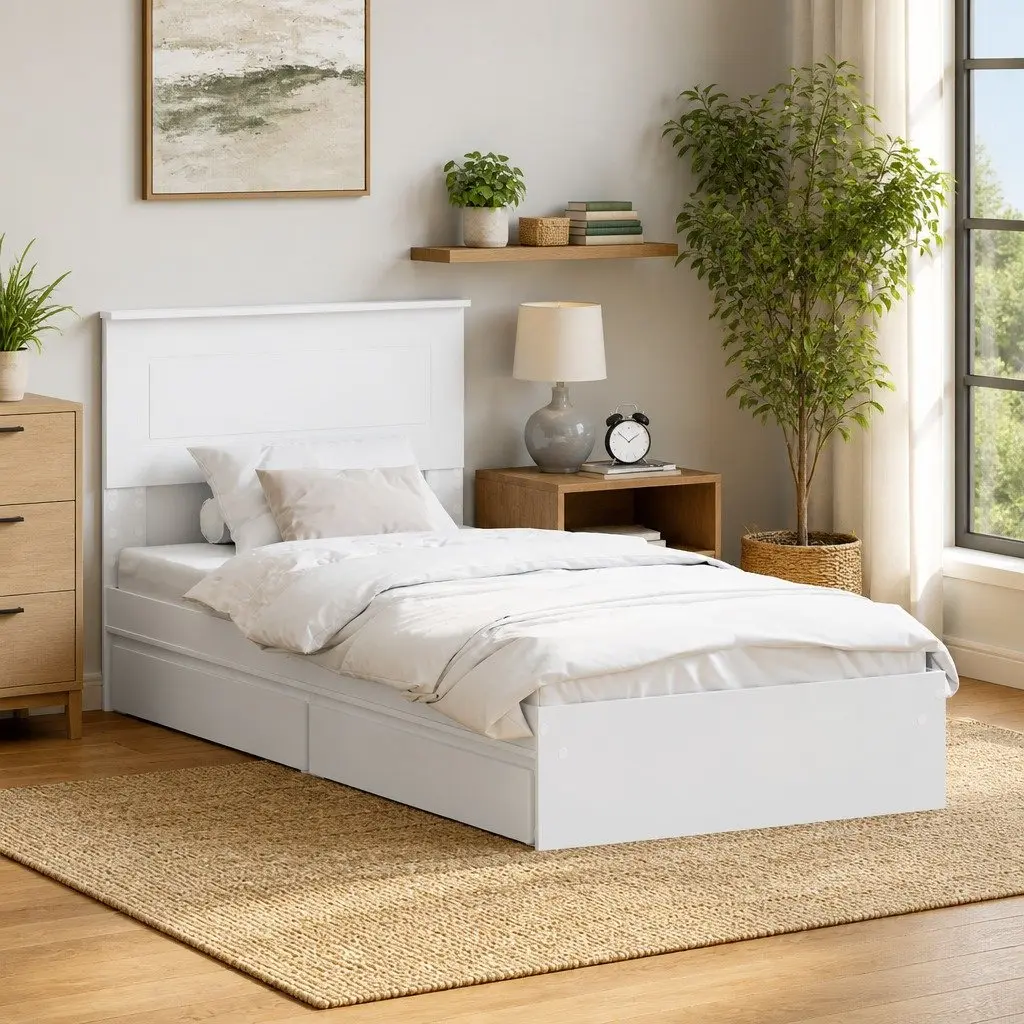 White Storage Bed Frame with Headboard