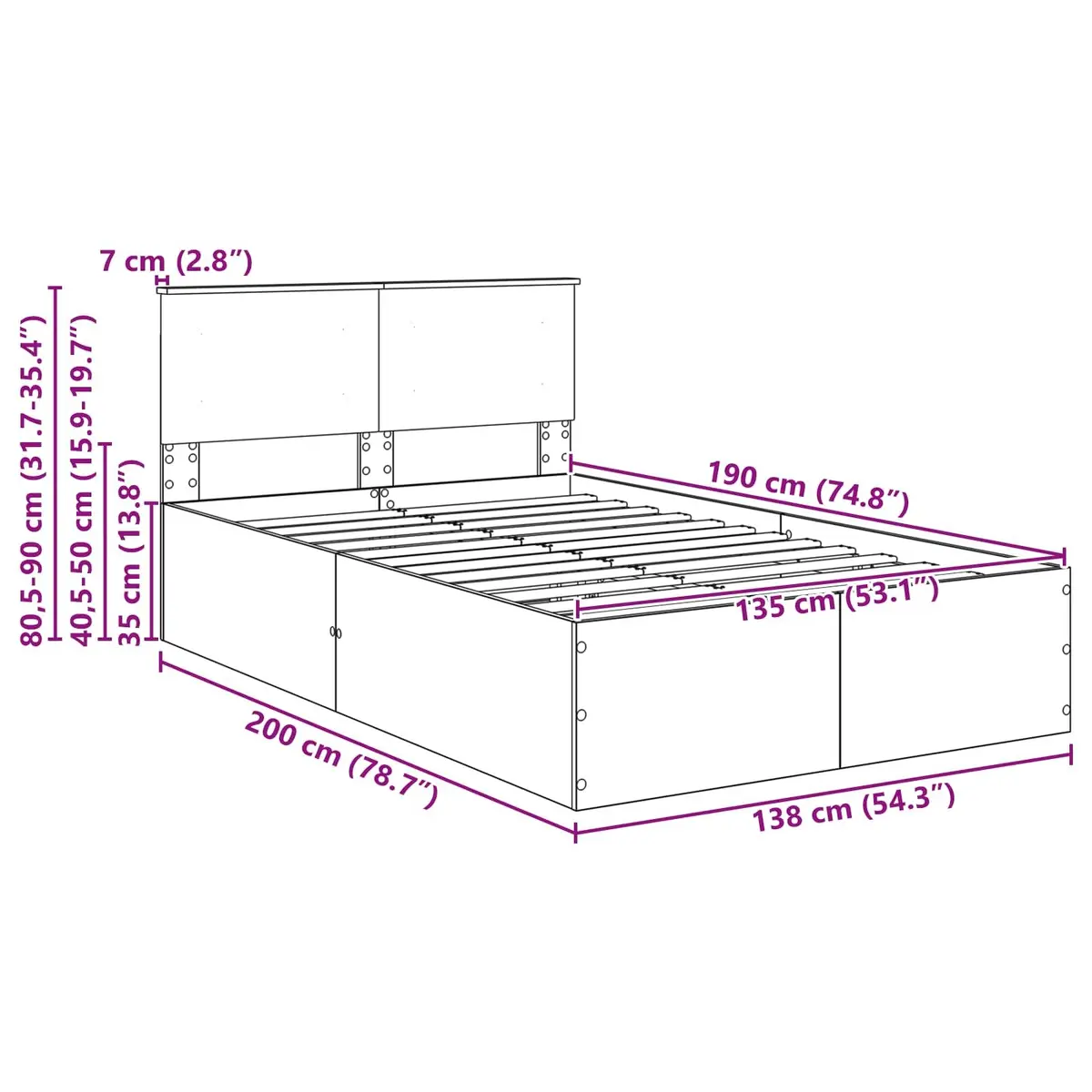 Bed Frame with Headboard in White, 135 x 190 cm
