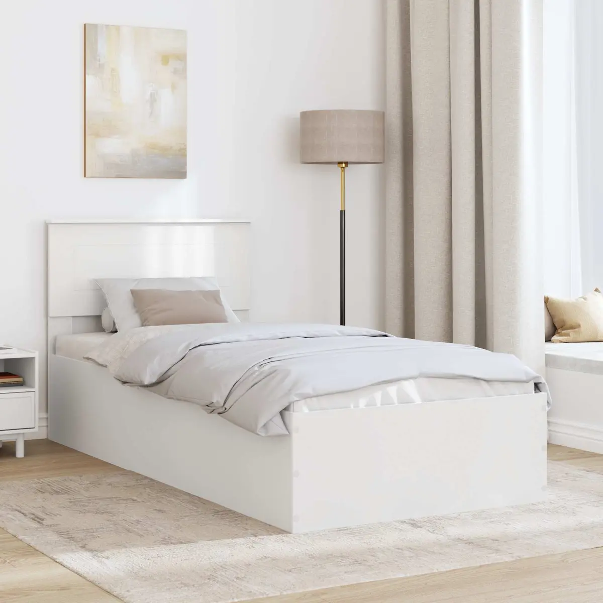 White Bed Frame with Headboard for Comfort