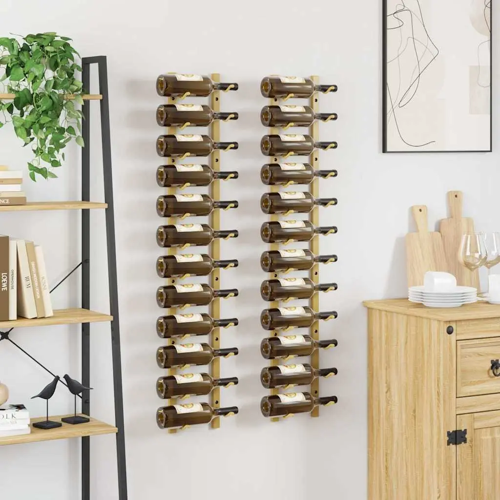 Wall Mounted Wine Rack 12 Bottle Storage Gold Iron Set of 2