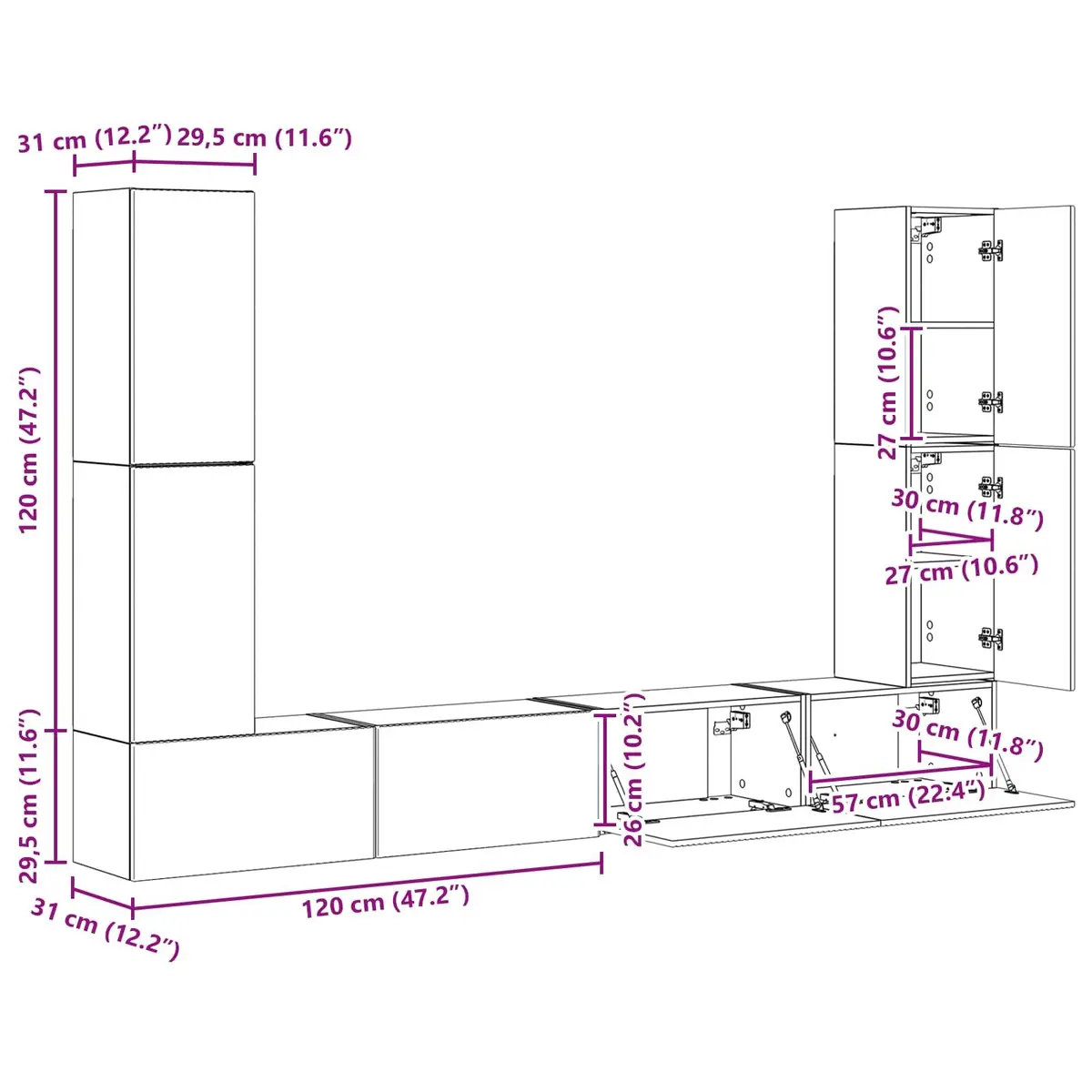 White 8-Piece Engineered Wood TV Cabinet
