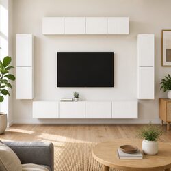 White Wall-Mounted TV Cabinet 8 Compartment Storage Unit Modern Living Room