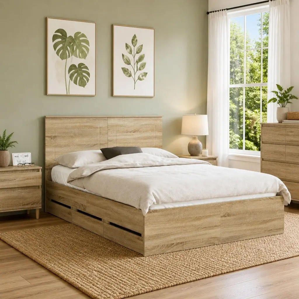 Bed Frame with Storage Drawers in Brown Oak