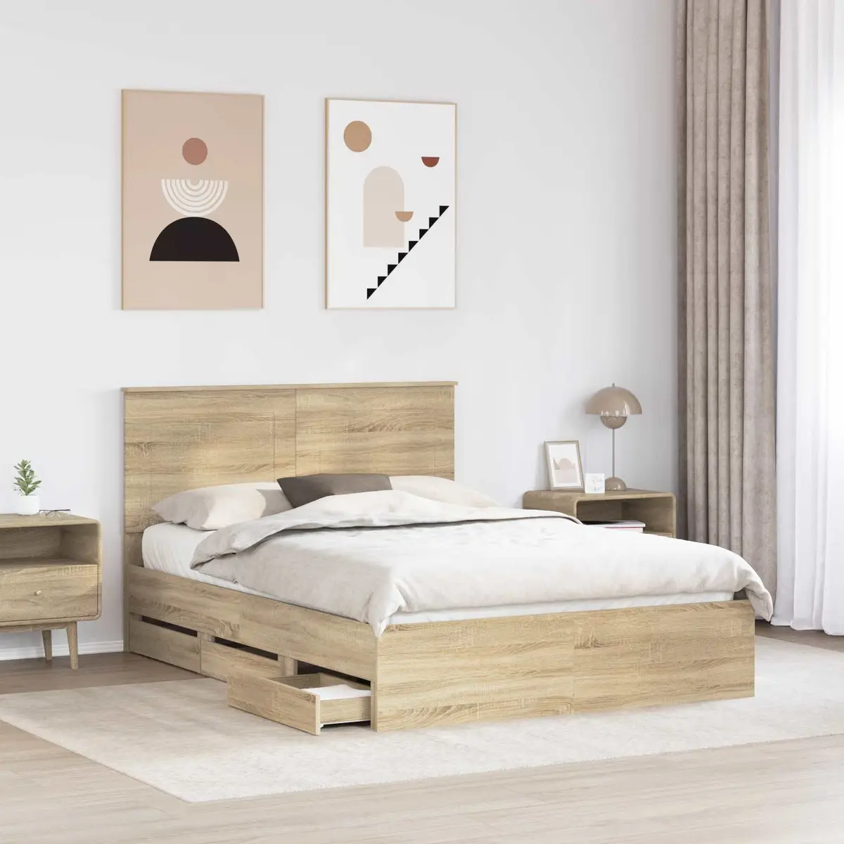 Bed Frame with Storage Drawers in Brown Oak