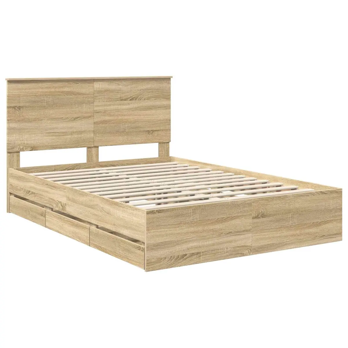 Bed Frame with Storage Drawers in Brown Oak