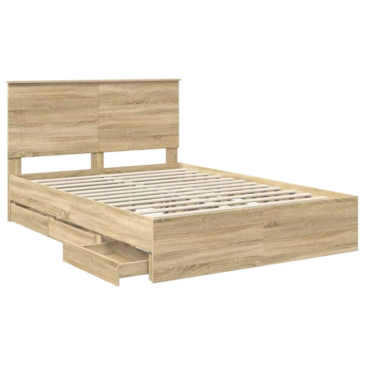 Bed Frame with Storage Drawers in Brown Oak