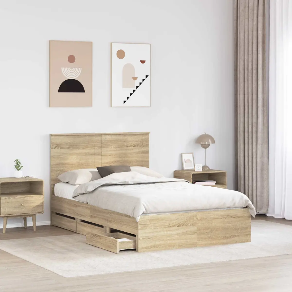 Bed Frame with Storage Drawer Sonoma Oak 135 x 190 cm Engineered Wood Modern