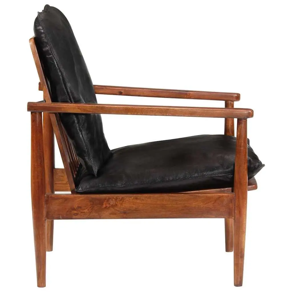 Armchair Black Real Leather Solid Wood Acacia Single Sofa Chair Lounge Seating