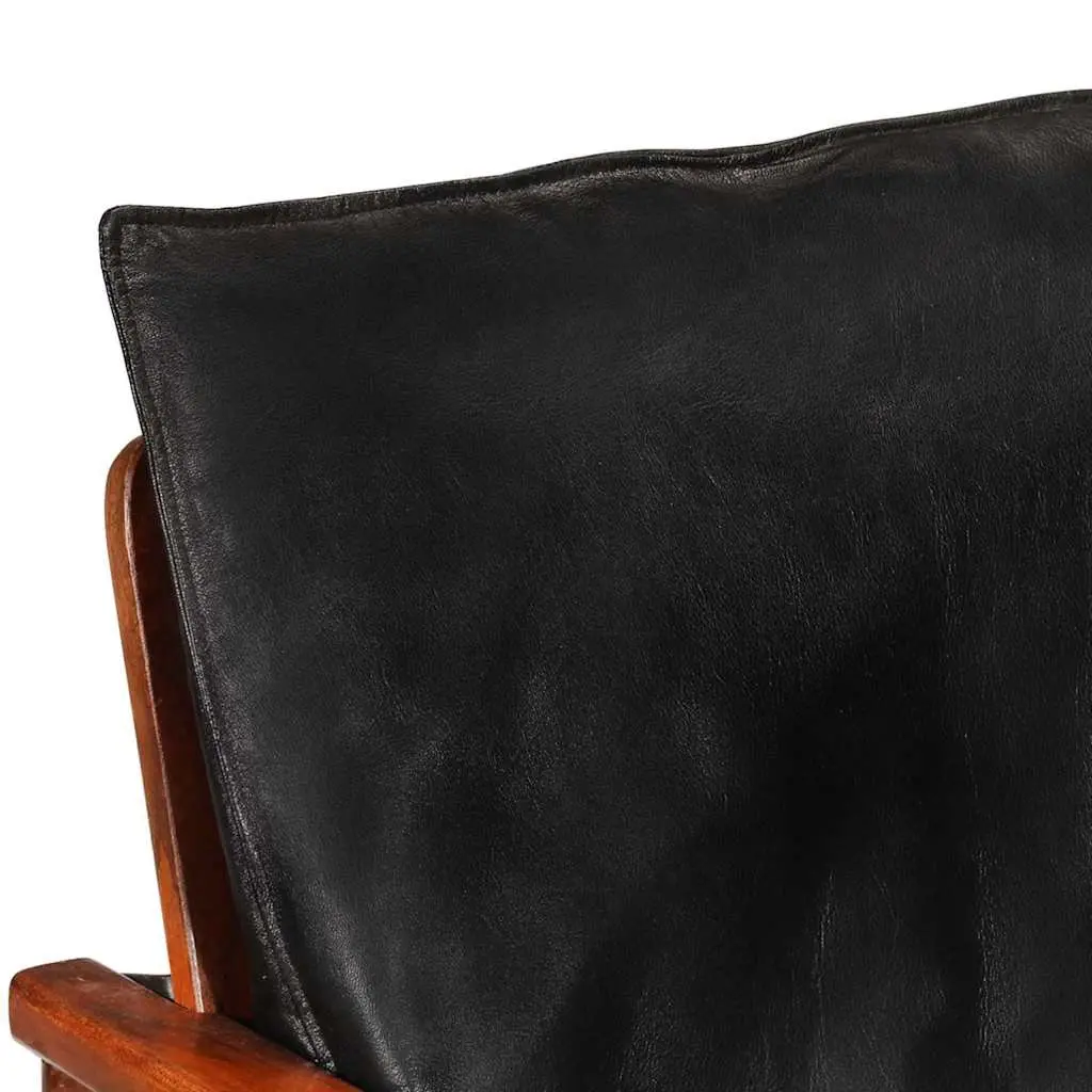 Armchair Black Real Leather Solid Wood Acacia Single Sofa Chair Lounge Seating