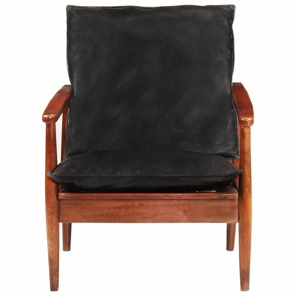 Armchair Black Real Leather Solid Wood Acacia Single Sofa Chair Lounge Seating