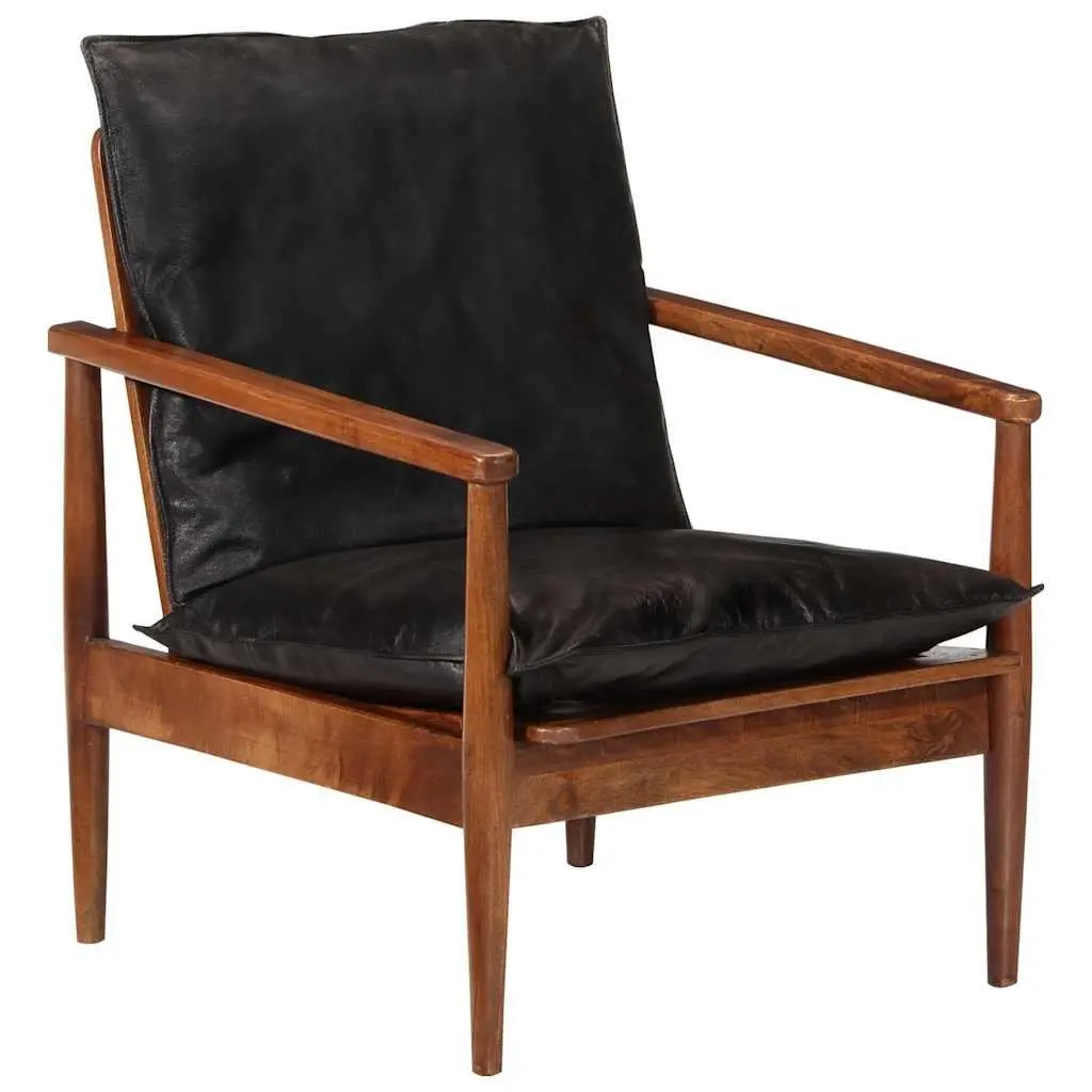Armchair Black Real Leather Solid Wood Acacia Single Sofa Chair Lounge Seating