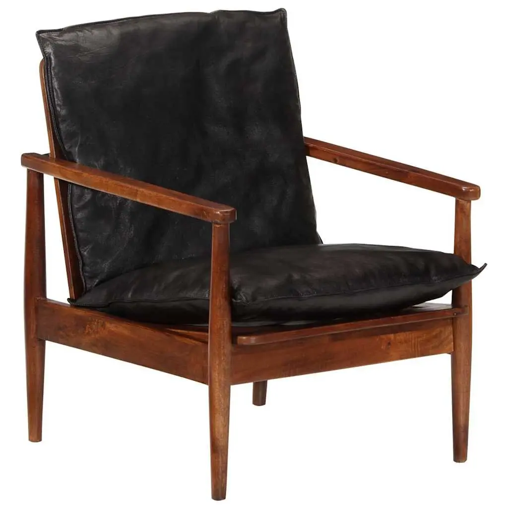Armchair Black Real Leather Solid Wood Acacia Single Sofa Chair Lounge Seating