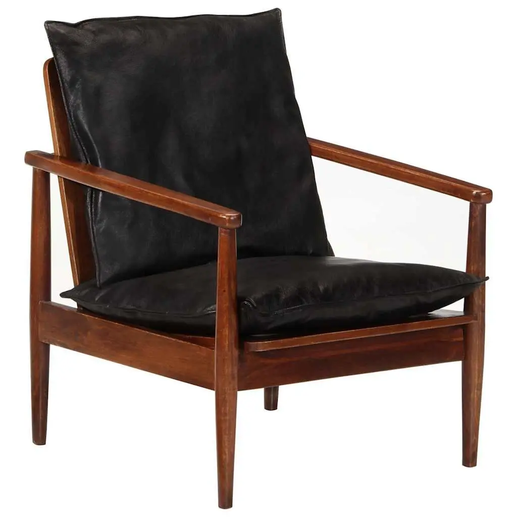 Armchair Black Real Leather Solid Wood Acacia Single Sofa Chair Lounge Seating