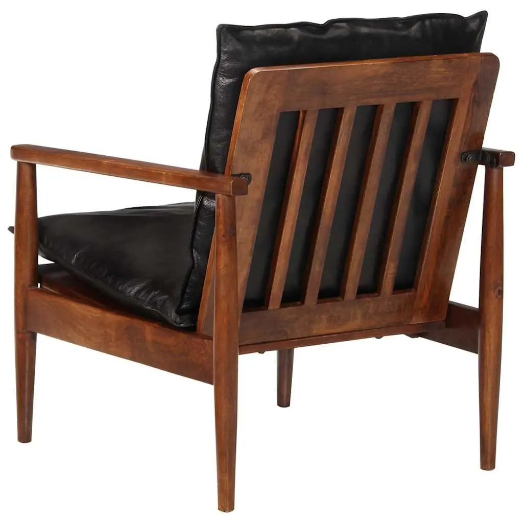 Armchair Black Real Leather Solid Wood Acacia Single Sofa Chair Lounge Seating