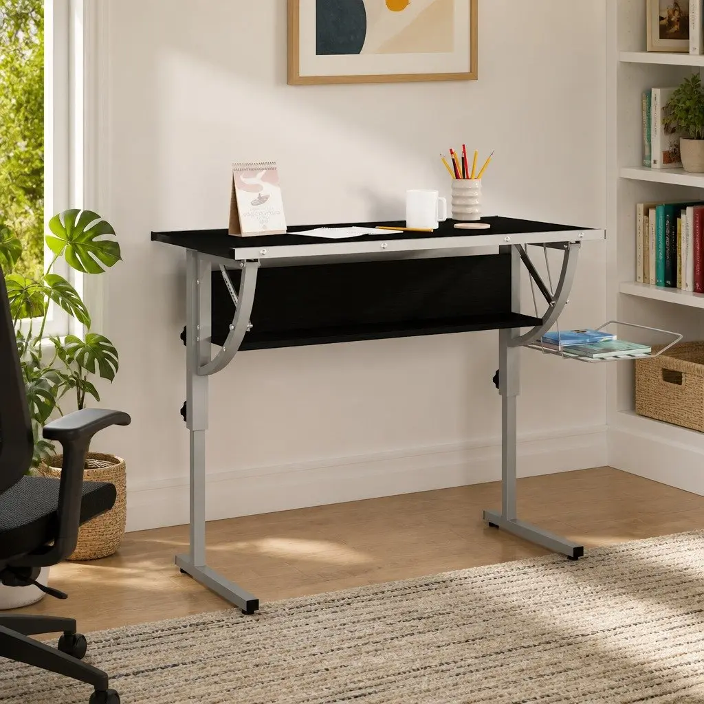 Craft Desk Adjustable Angle Tilt Desktop with Shelf Black Grey 110 x 53 x 58-87 cm