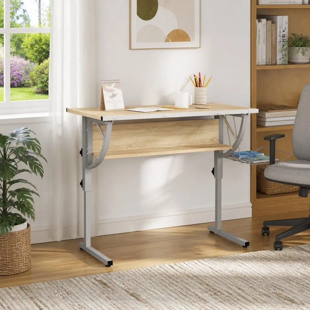 Craft Desk Adjustable Drawing Table with Shelf Magazine Rack Home Office Study