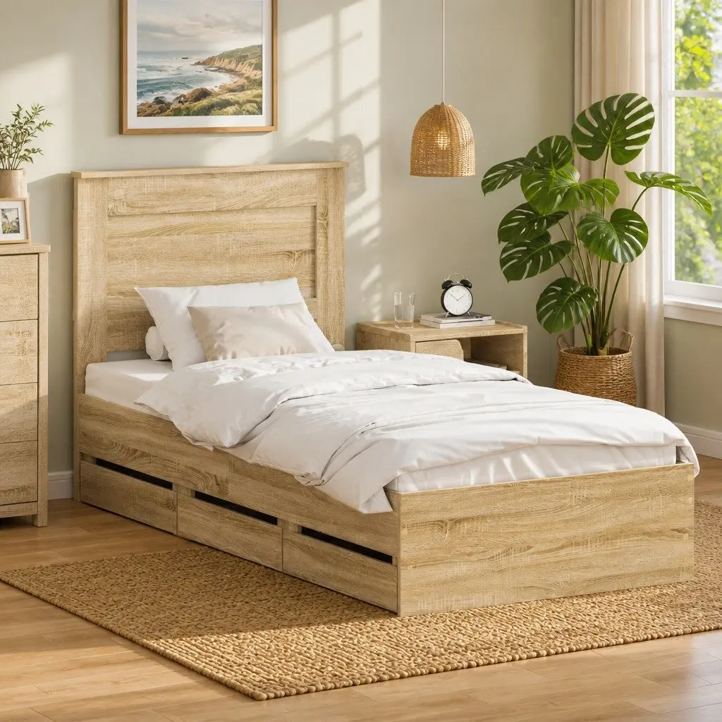 Bed Frame with Storage Drawer in Brown 90 x 190 cm