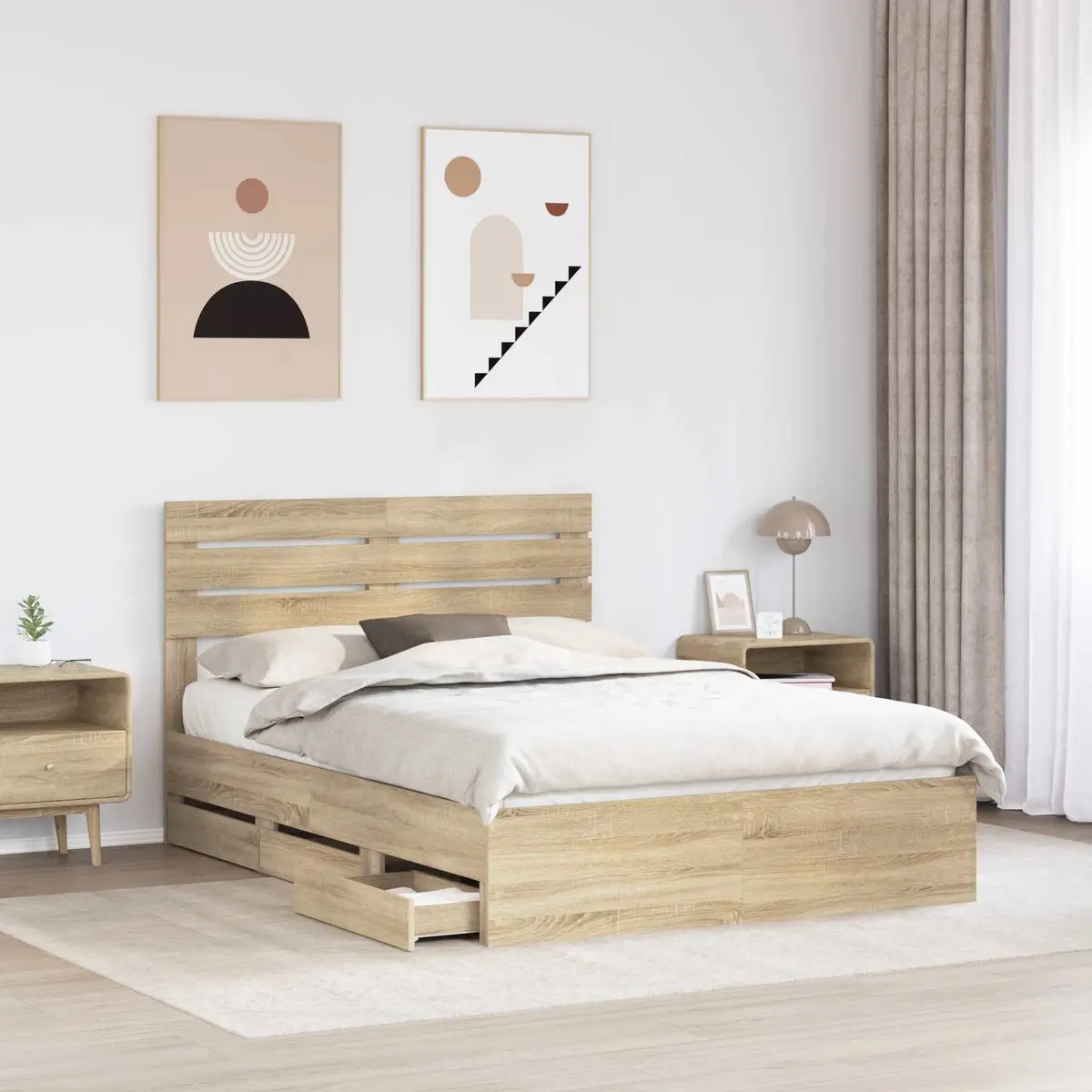Bed Frame with Storage Drawer Modern 150 x 200 cm Brown Sonoma Oak
