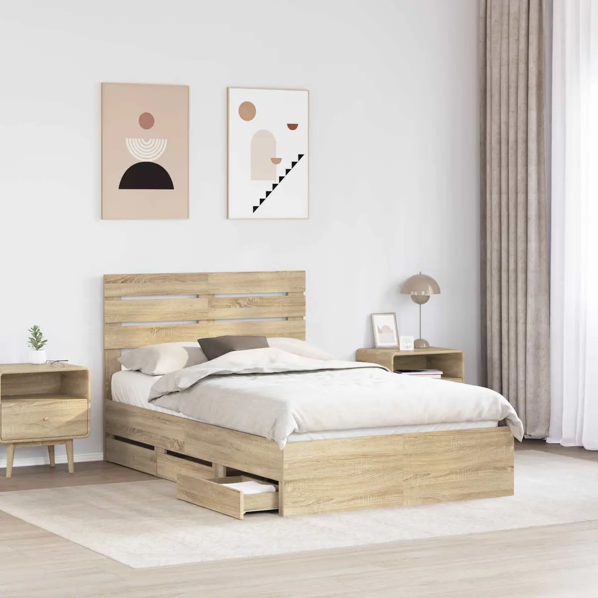Bed Frame with Storage Drawer Modern 135 x 190 cm Brown Sonoma Oak