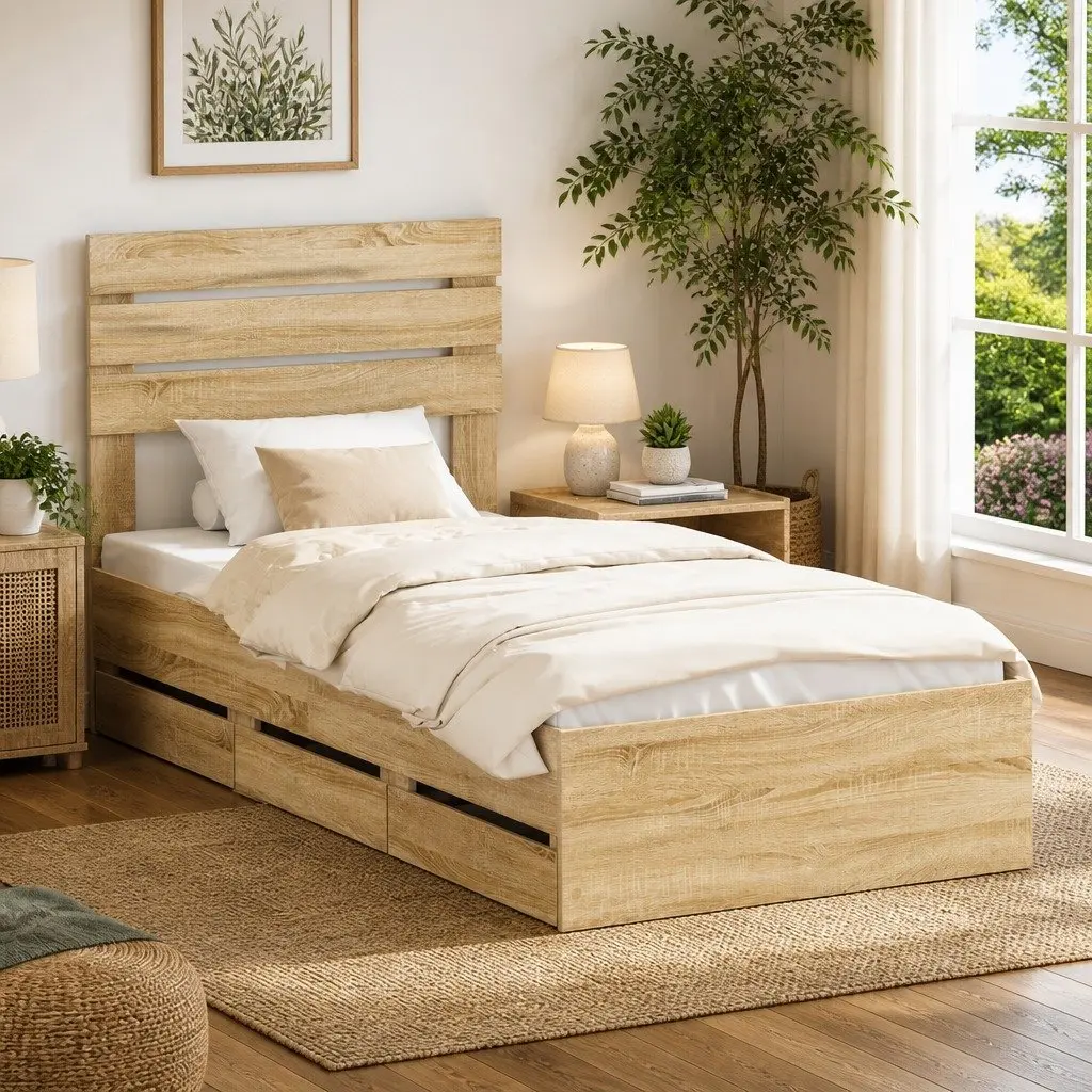 Brown Engineered Wood Bed Frame with Drawer