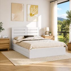 Storage Bed White 150 x 200 cm with Headboard Engineered Wood Frame Drawer