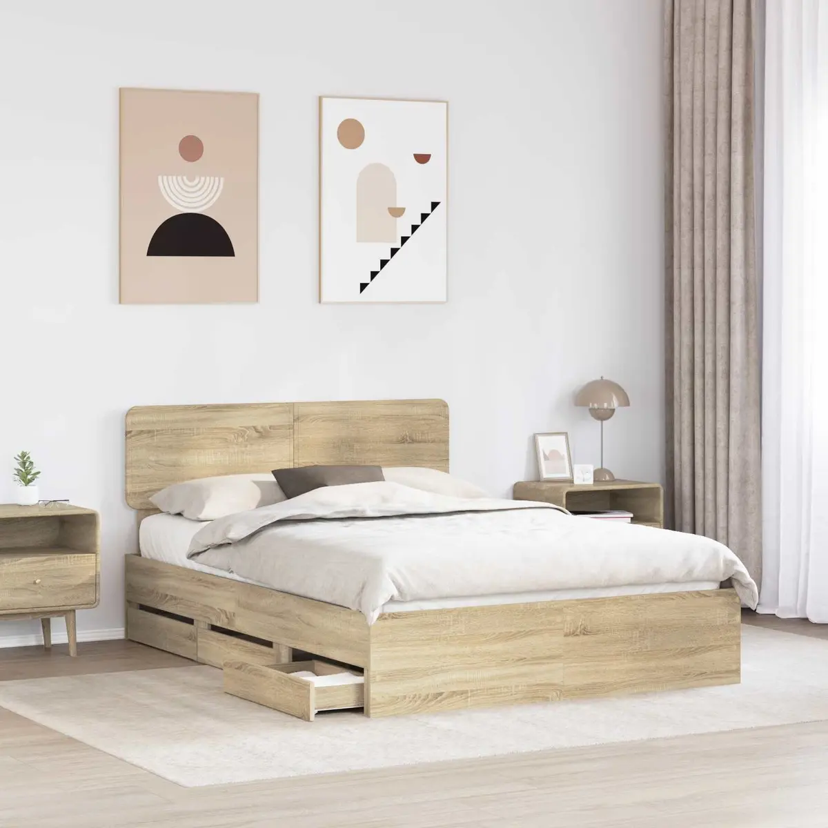 Bed Frame with Storage Drawers Modern Engineered Wood 150 x 200 cm Brown