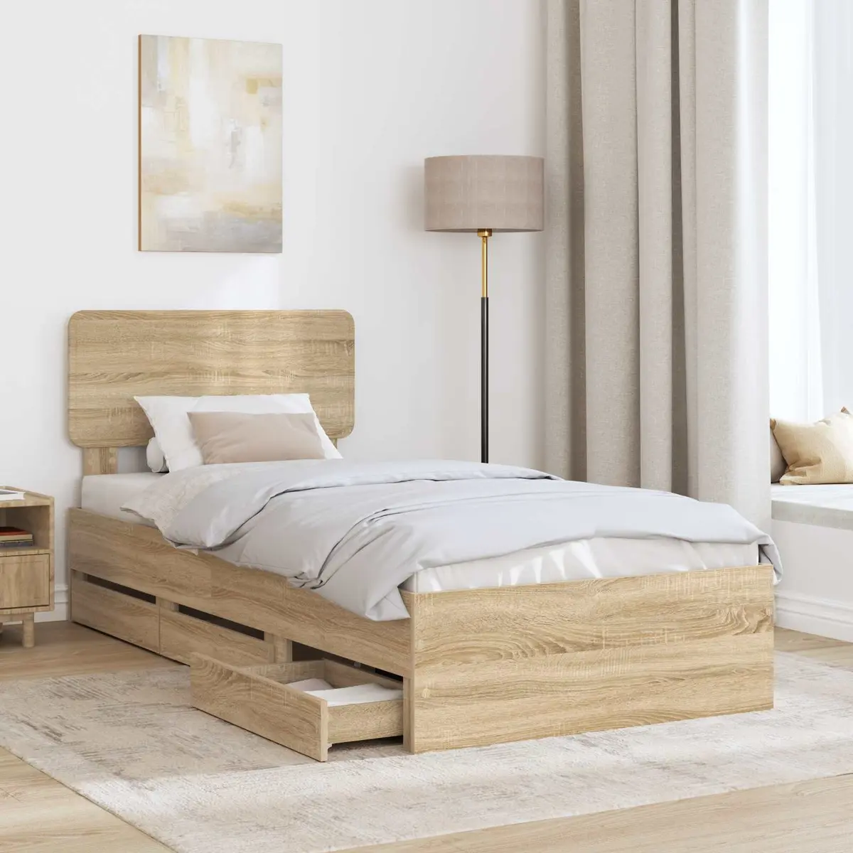 Bed Frame with Storage Drawers 90x190cm Brown Engineered Wood Slatted Base