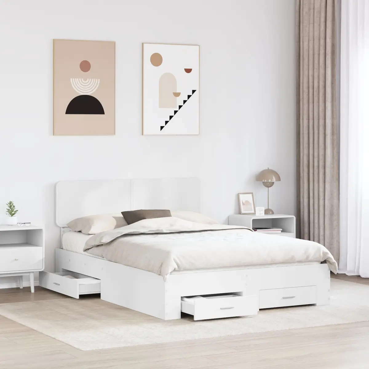 White Bed Frame with Headboard Storage Drawers 150 x 200 cm Engineered Wood