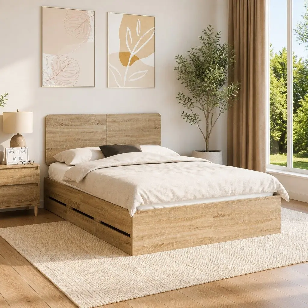Sonoma Oak Bed Frame with Integrated Storage 150 x 200 cm